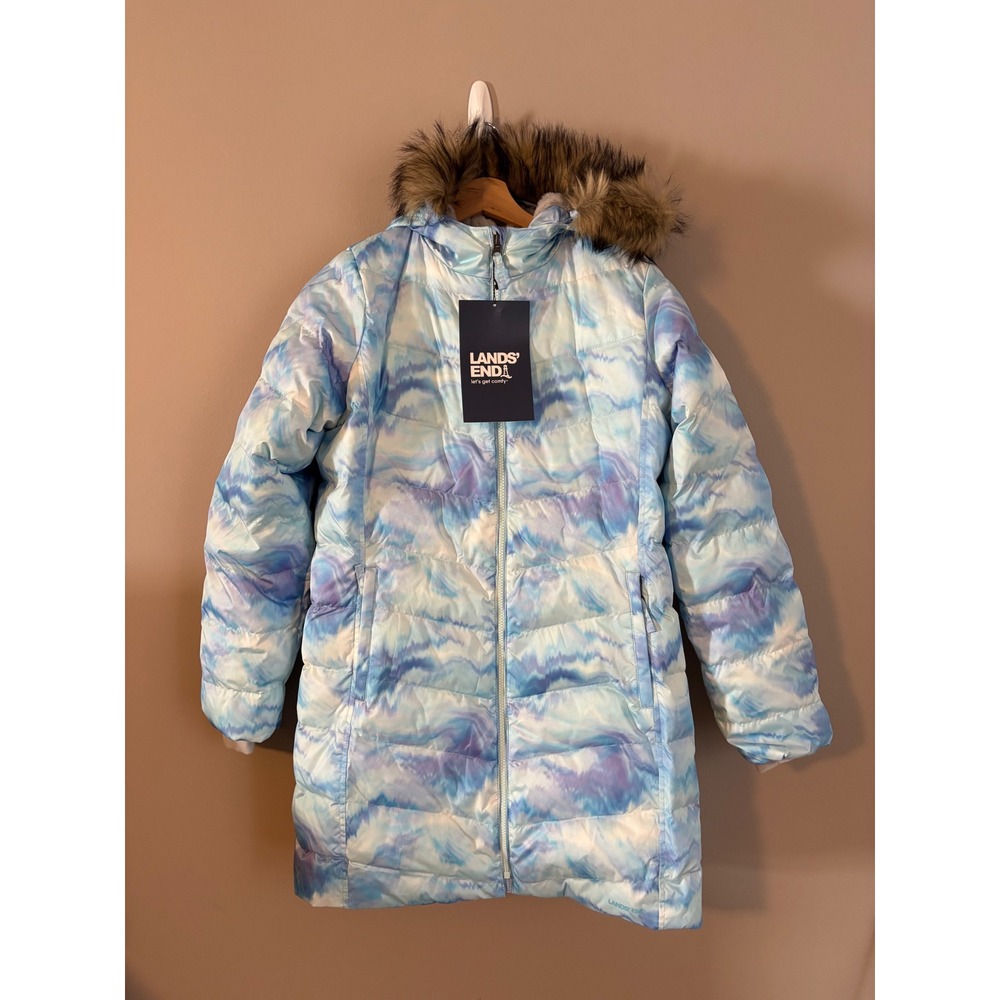 Lands End Puffer Parka Kids XL 14-16 Blue Tie Dye NWT Faux Fur Hood Primaloft